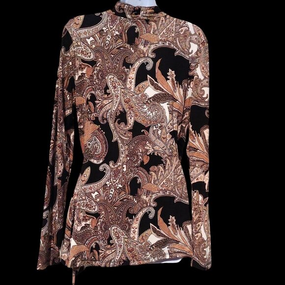 Cache Long Sleeve Paisley Faux Wrap Browns/Black Neutral Blouse Large - Picture 2 of 8